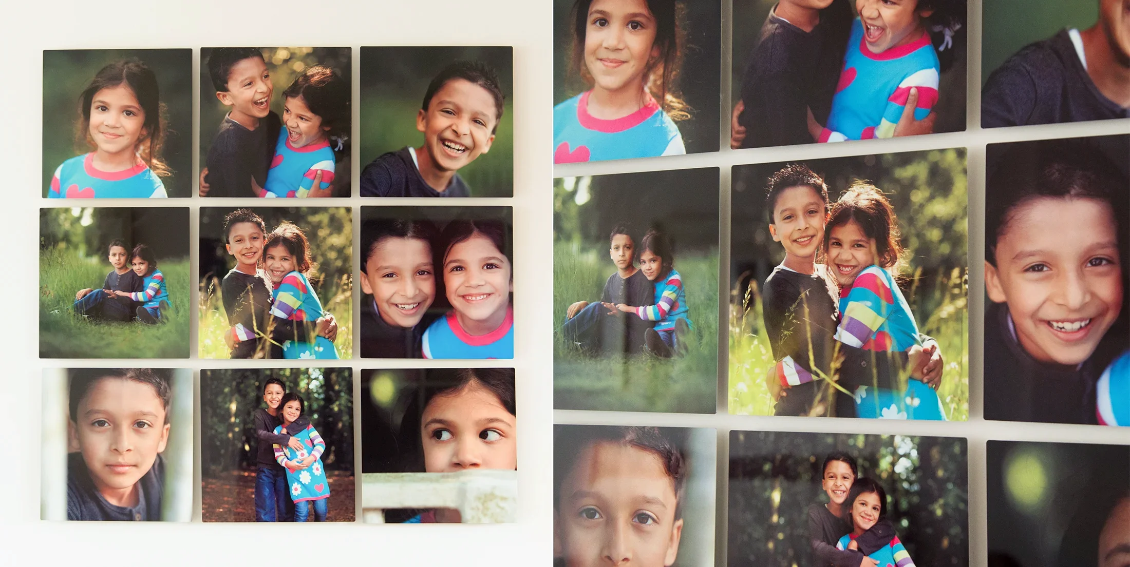 a gallery of nine square portraits on metallic panels