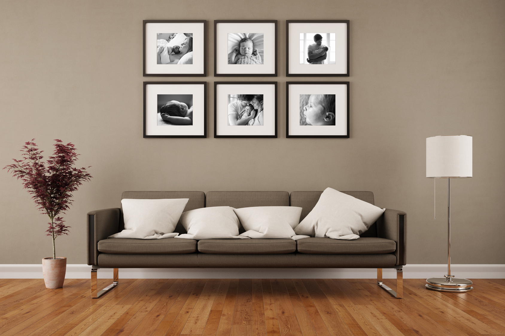 a six-frame gallery showcasing images from a newborn photo session in black and white