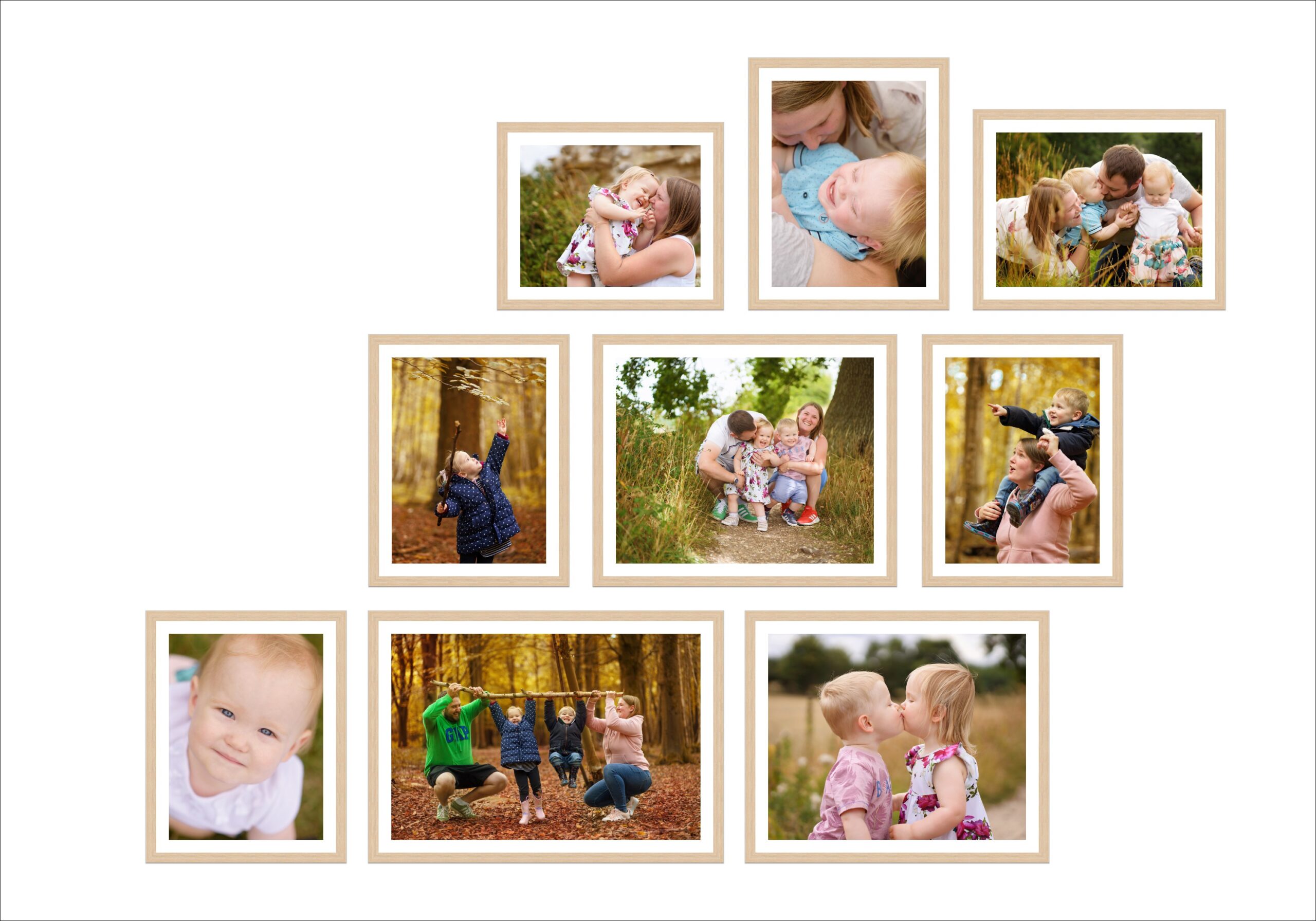 a framed photo wall featuring nine images taken over three years, to be framed on a staircase