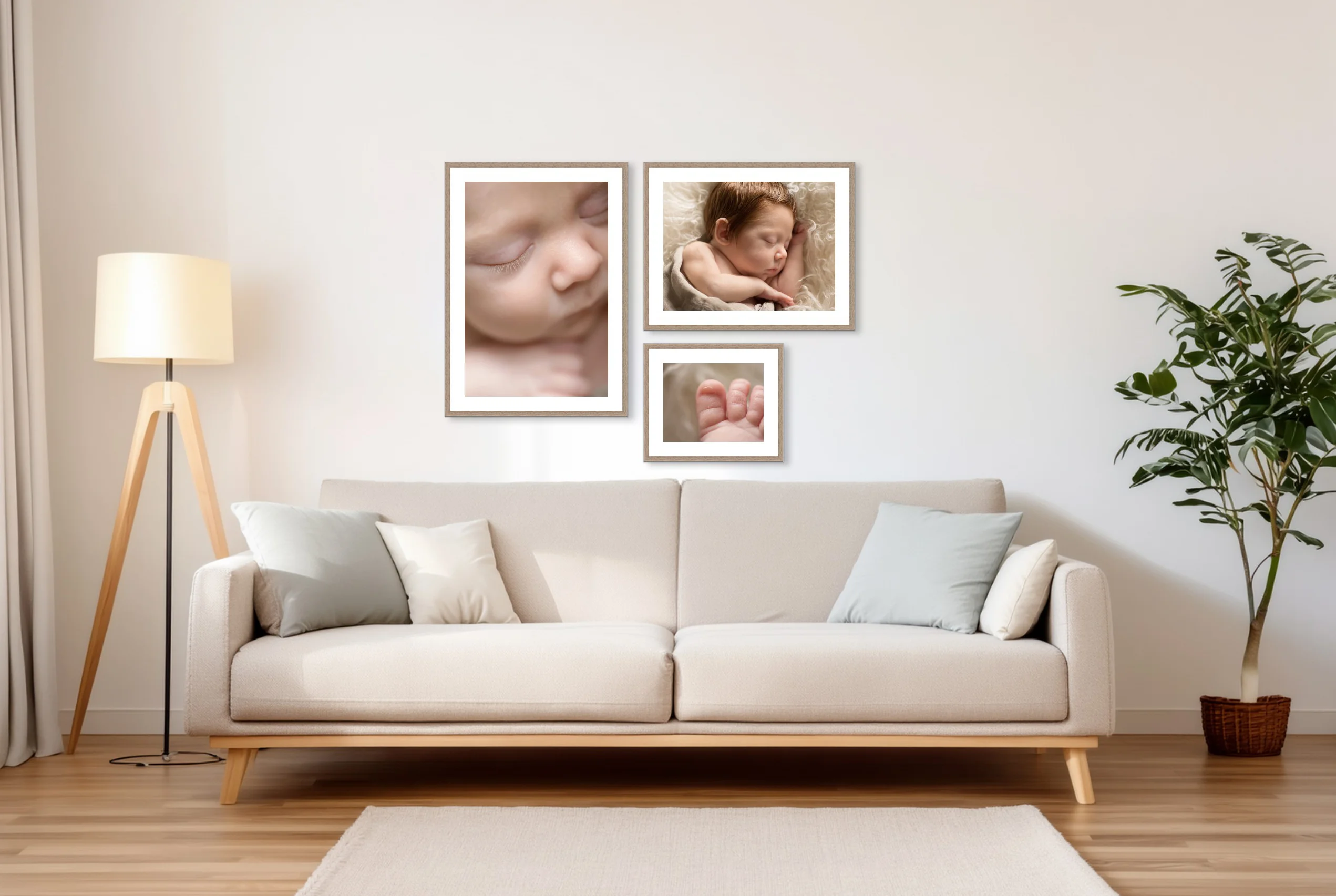a gallery of three close ups from a newborn portrait shoot, set on a contemporary room with light coloured sofa